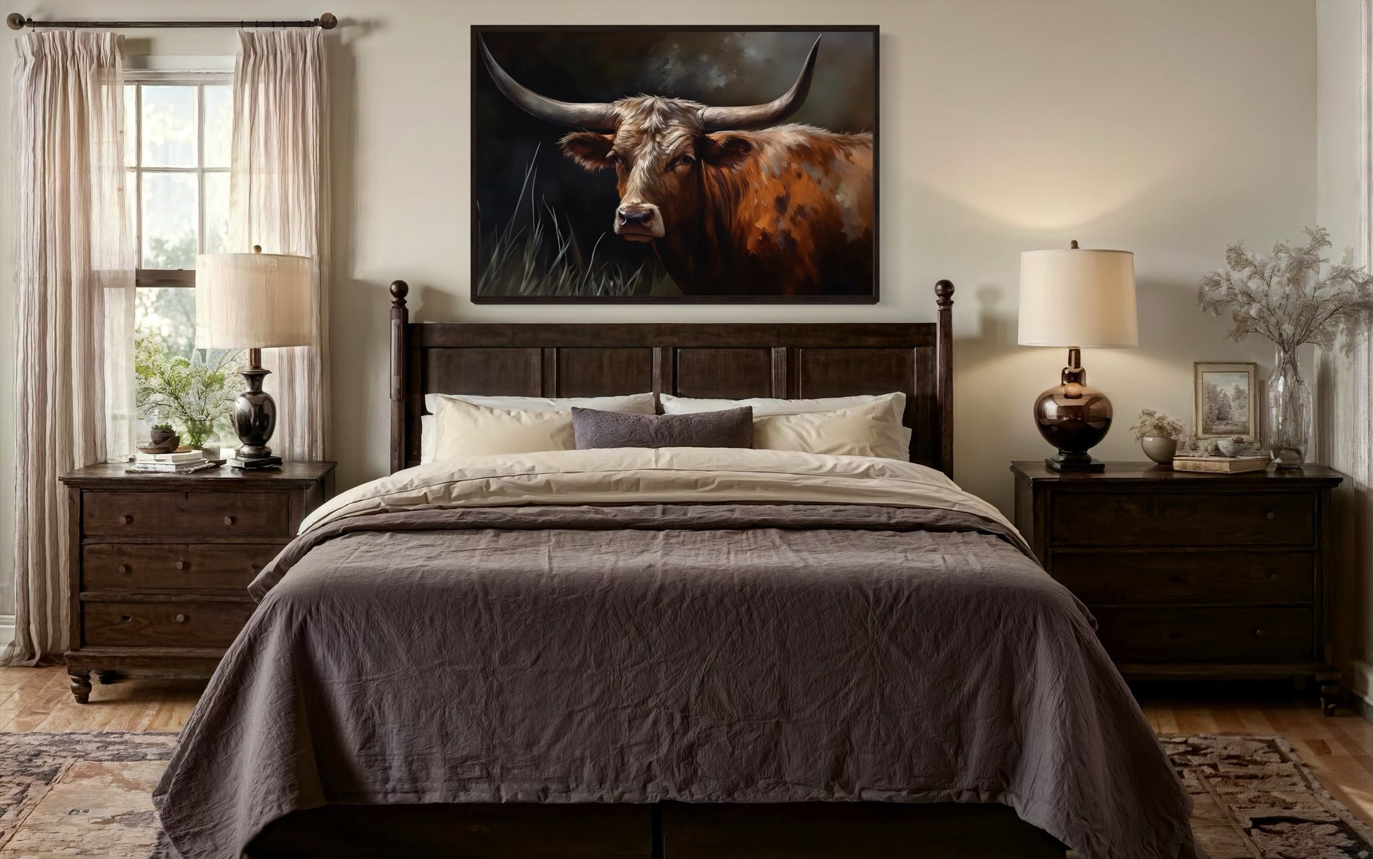 Brown Beautiful Texas Longhorn Cow Framed Canvas Wall Art