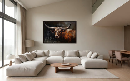 Brown Beautiful Texas Longhorn Cow Framed Canvas Wall Art