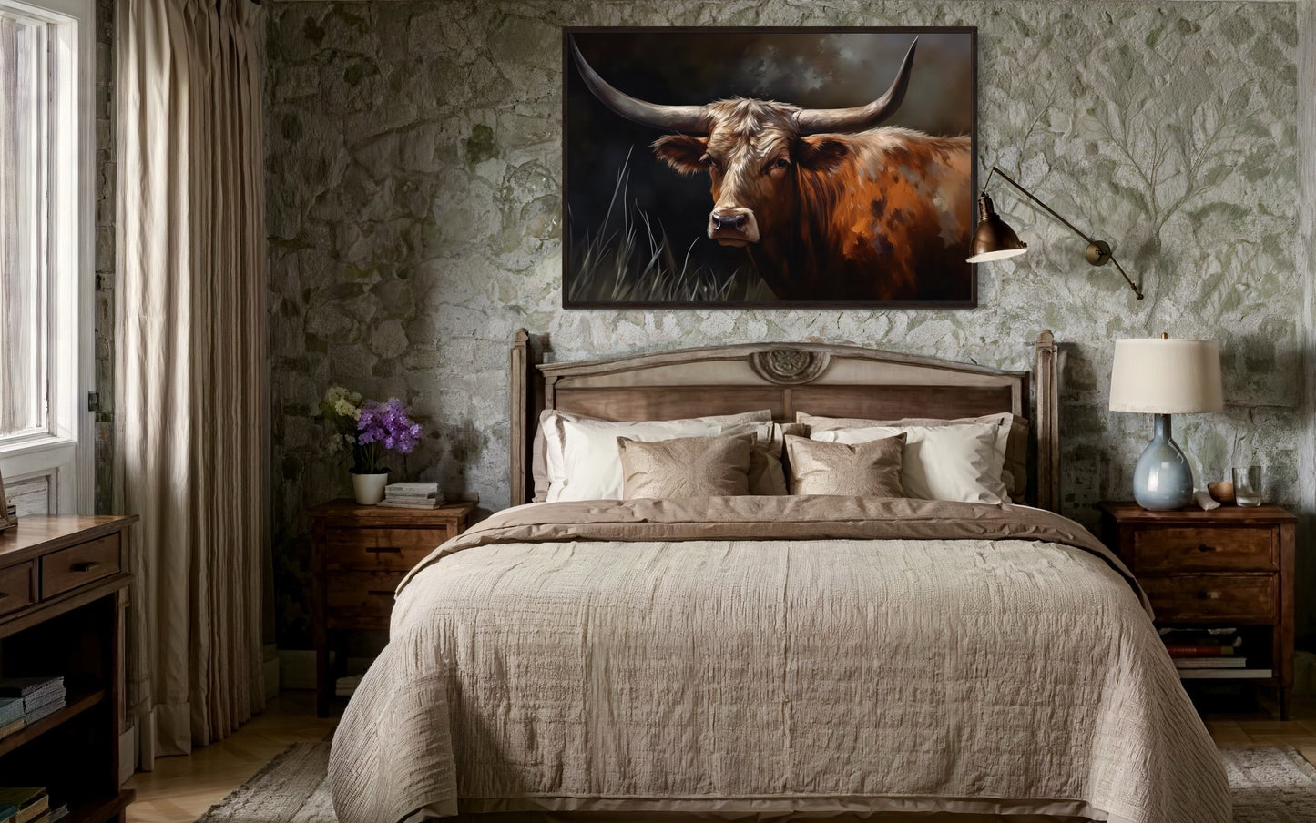 Brown Beautiful Texas Longhorn Cow Framed Canvas Wall Art