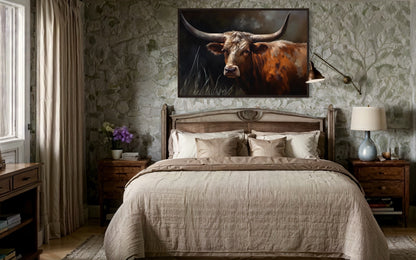 Brown Beautiful Texas Longhorn Cow Framed Canvas Wall Art