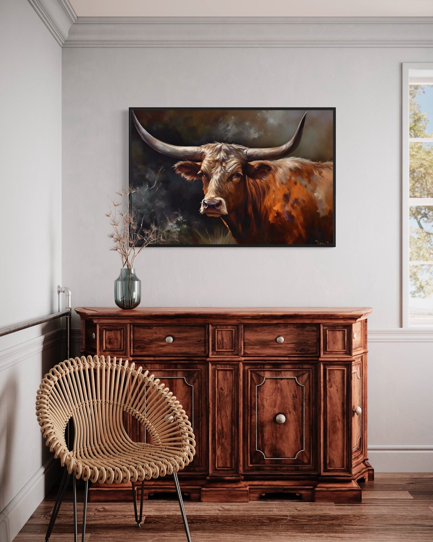 Brown Beautiful Texas Longhorn Cow Framed Canvas Wall Art