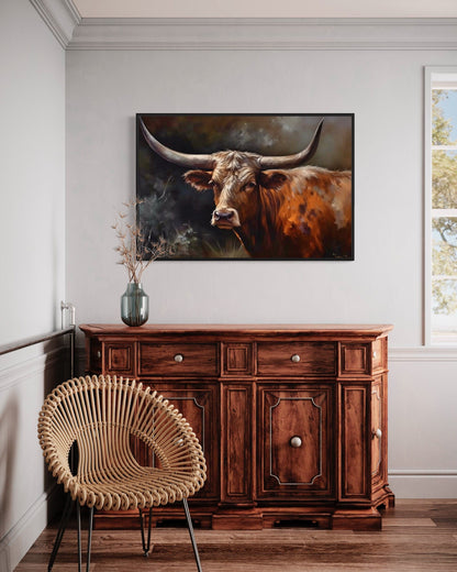Brown Beautiful Texas Longhorn Cow Framed Canvas Wall Art