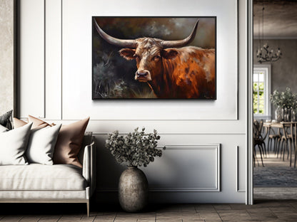 Brown Beautiful Texas Longhorn Cow Framed Canvas Wall Art