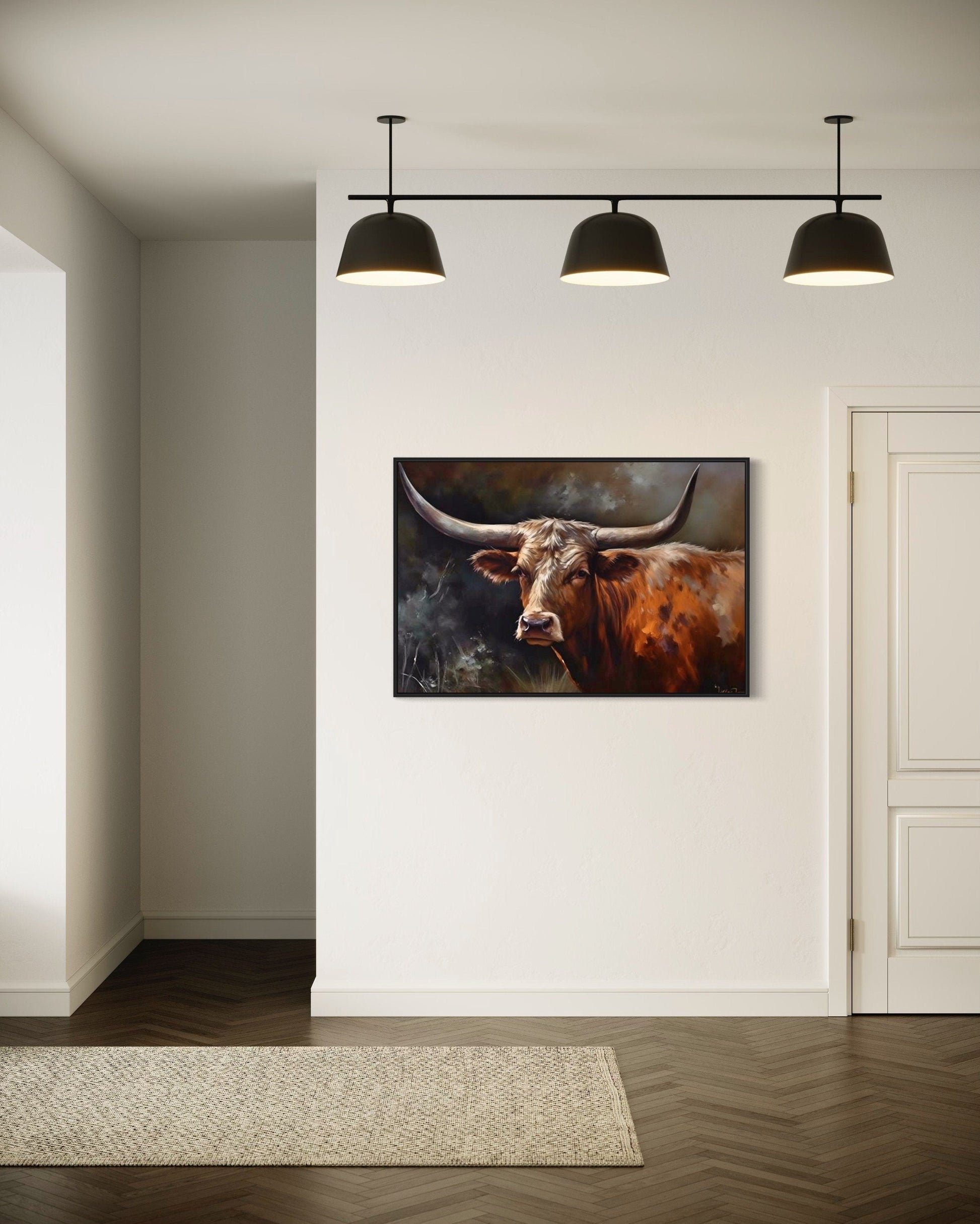Brown Beautiful Texas Longhorn Cow Framed Canvas Wall Art