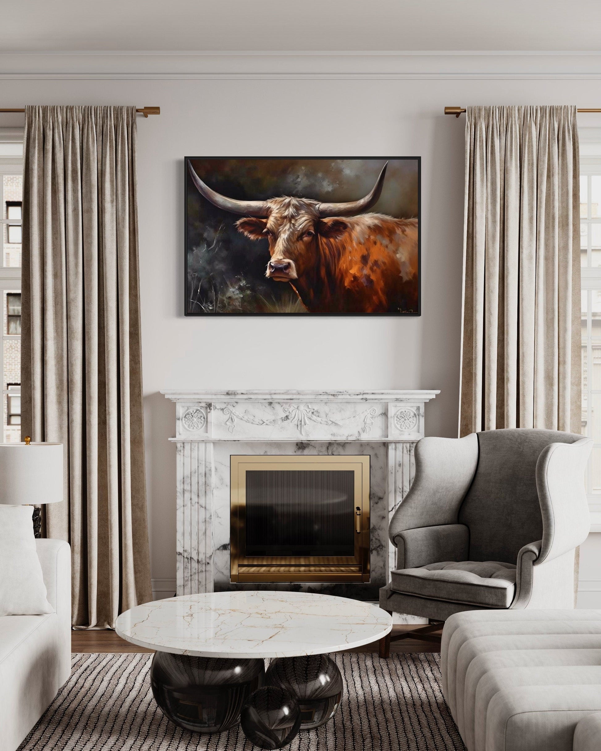 Brown Beautiful Texas Longhorn Cow Framed Canvas Wall Art
