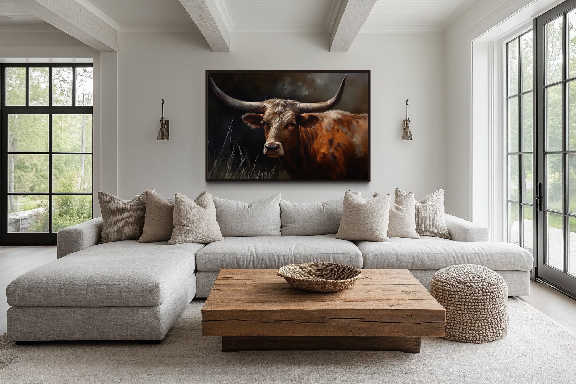 Brown Beautiful Texas Longhorn Cow Framed Canvas Wall Art