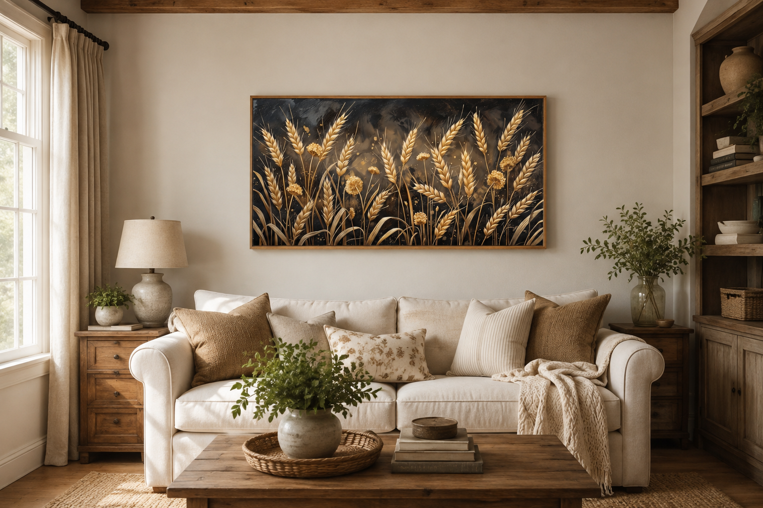 Boho Wheat Field Wall Art - Framed Canvas Print | Rustic Brown Beige Decor
