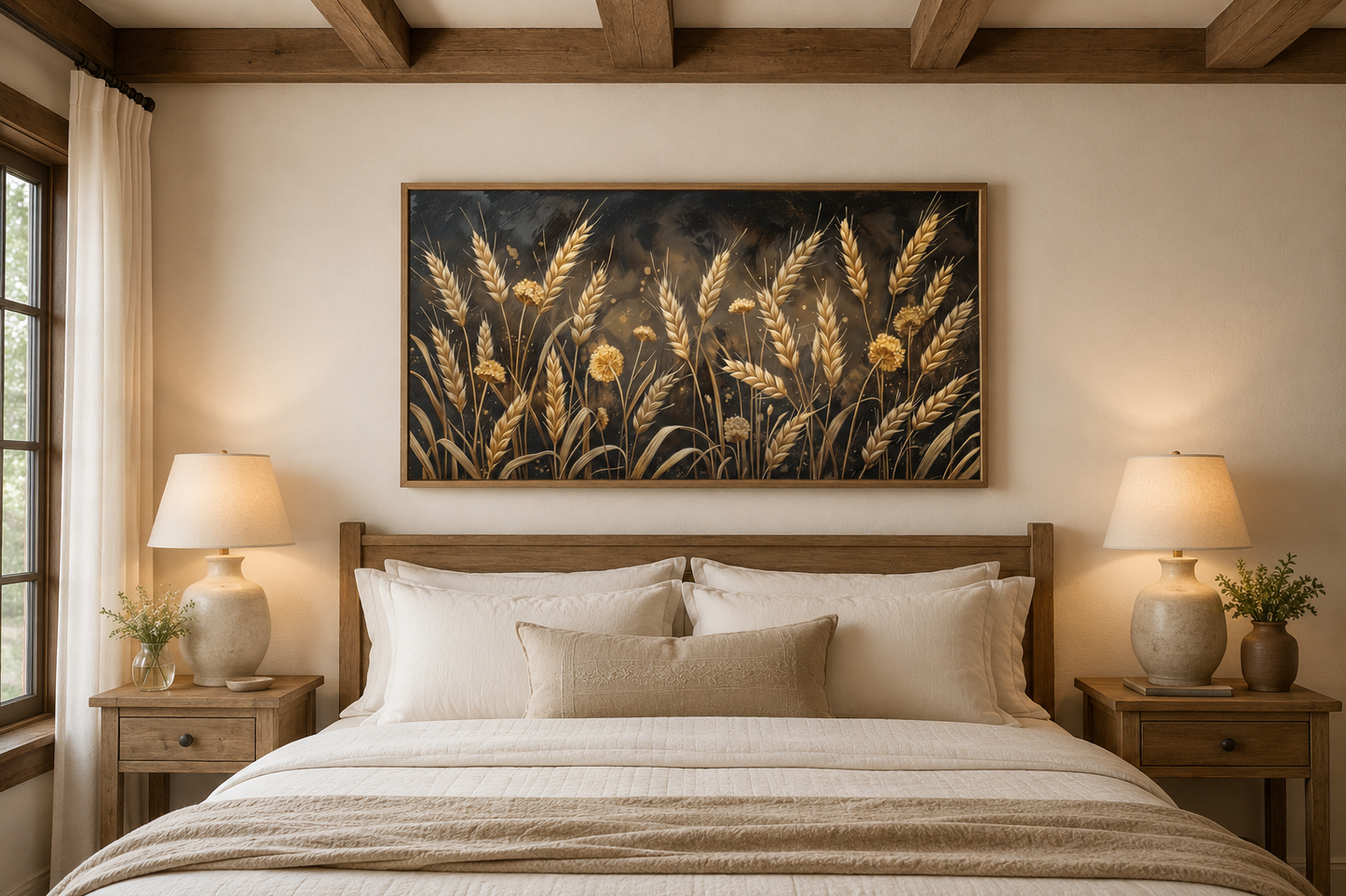 Boho Wheat Field Wall Art - Framed Canvas Print | Rustic Brown Beige Decor