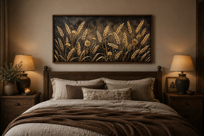 Boho Wheat Field Wall Art - Framed Canvas Print | Rustic Brown Beige Decor