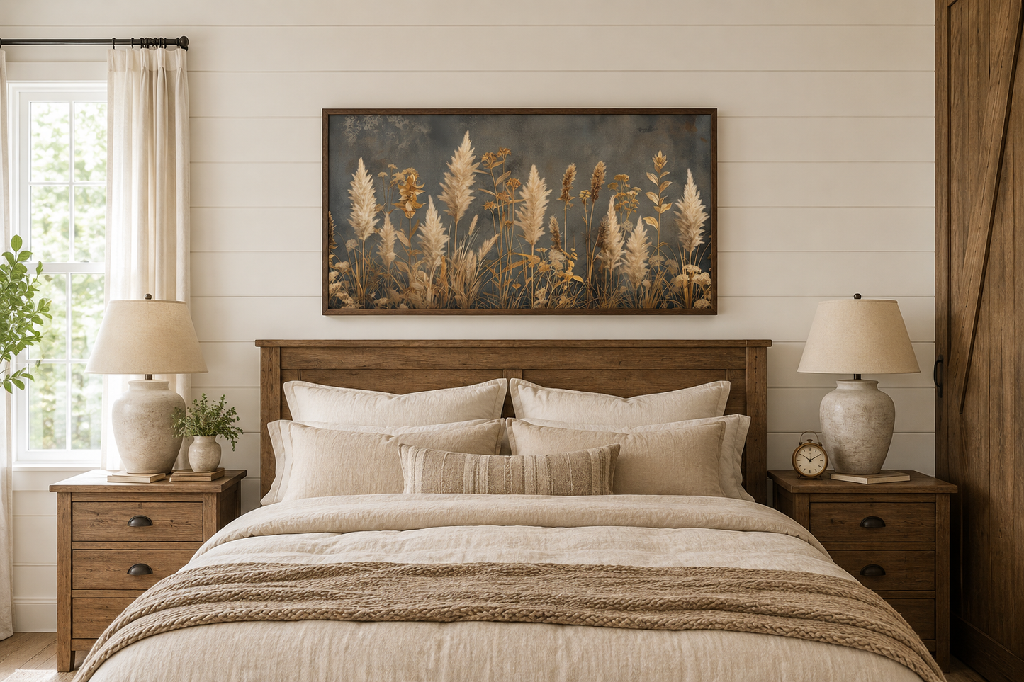 Pampas Grass On Grey Background Rustic Neutral Framed Canvas Wall Art