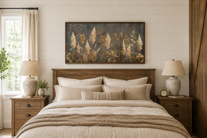 Pampas Grass On Grey Background Rustic Neutral Framed Canvas Wall Art