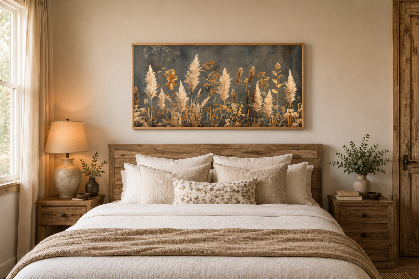 Pampas Grass On Grey Background Rustic Neutral Framed Canvas Wall Art