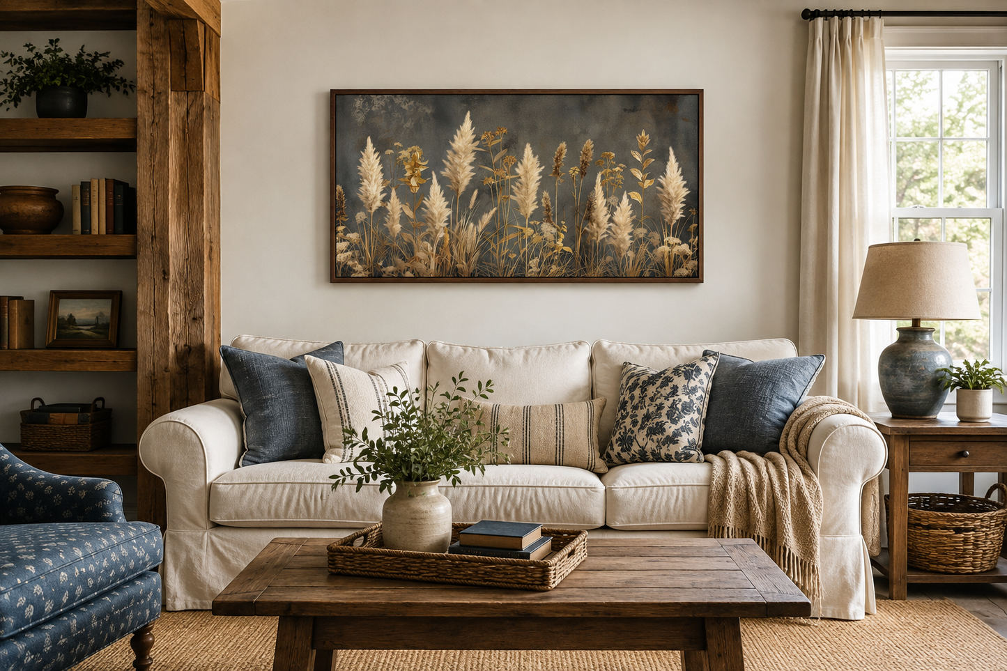 Pampas Grass On Grey Background Rustic Neutral Framed Canvas Wall Art