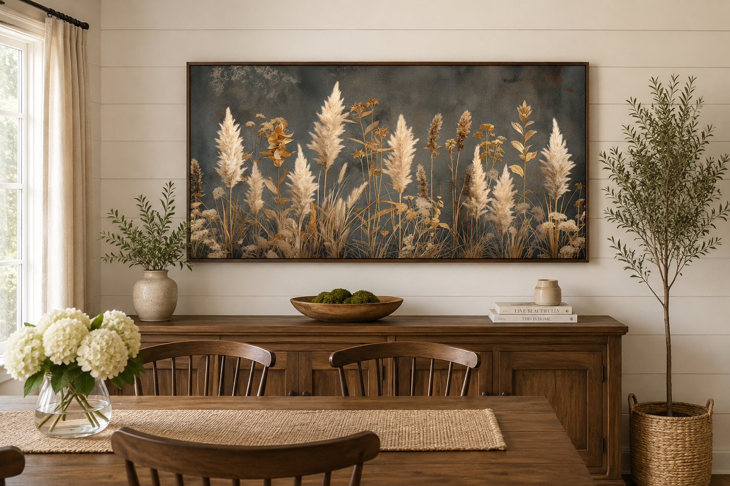 Pampas Grass On Grey Background Rustic Neutral Framed Canvas Wall Art