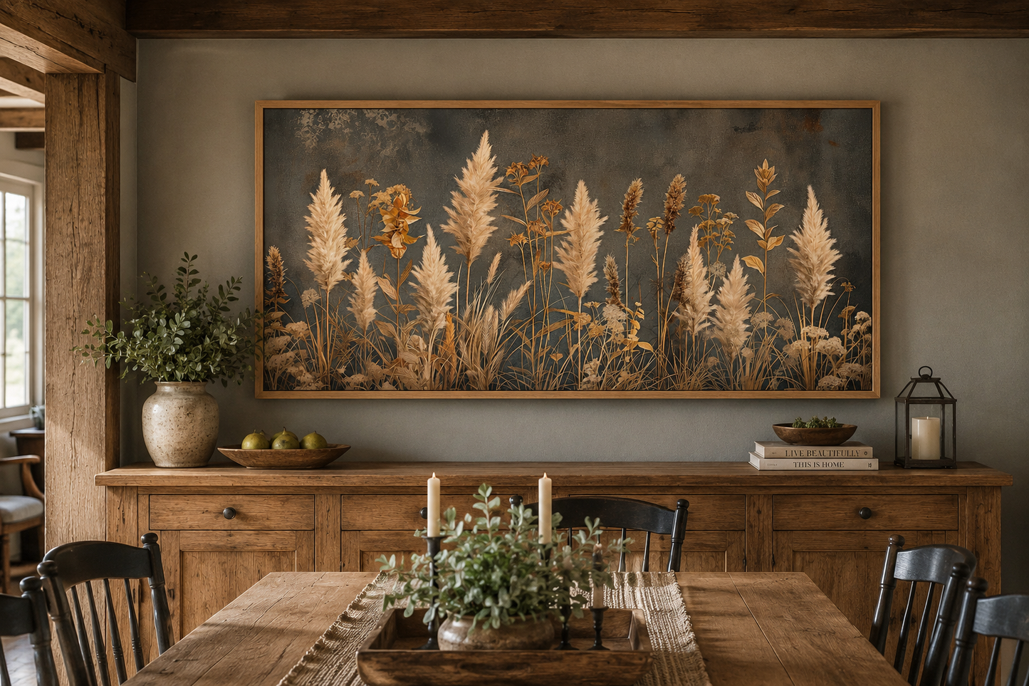 Pampas Grass On Grey Background Rustic Neutral Framed Canvas Wall Art