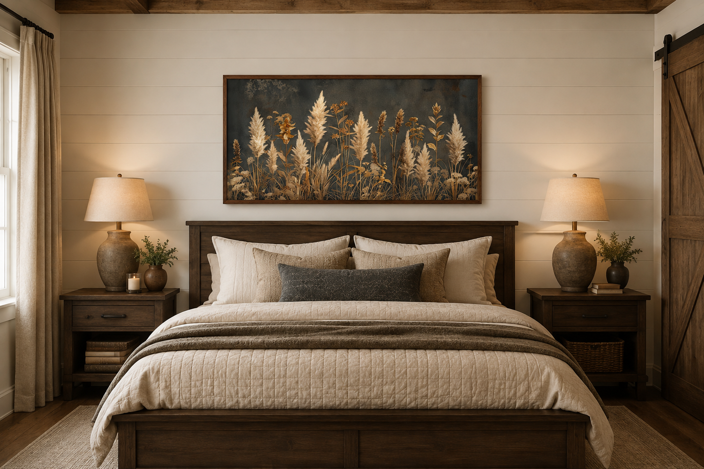 Pampas Grass On Grey Background Rustic Neutral Framed Canvas Wall Art