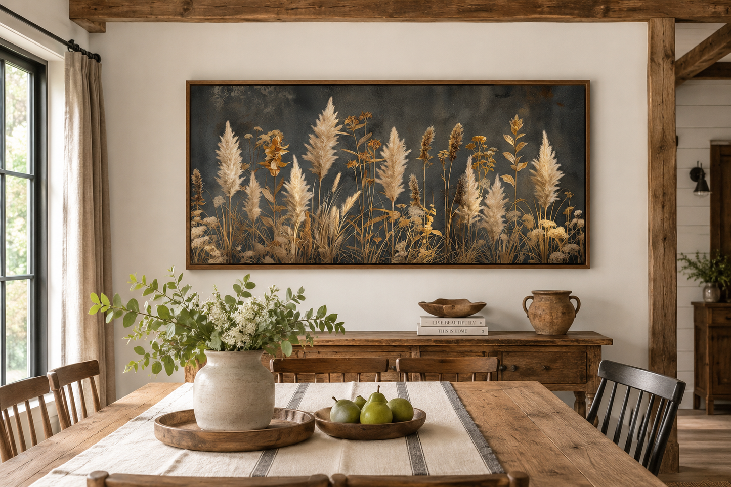 Pampas Grass On Grey Background Rustic Neutral Framed Canvas Wall Art