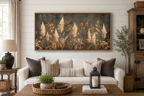 Pampas Grass On Grey Background Rustic Neutral Framed Canvas Wall Art