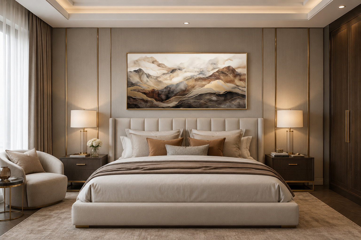 Brown Beige Abstract Marble Mountain Framed Canvas Wall Art