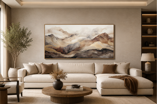 Brown Beige Abstract Marble Mountain Framed Canvas Wall Art