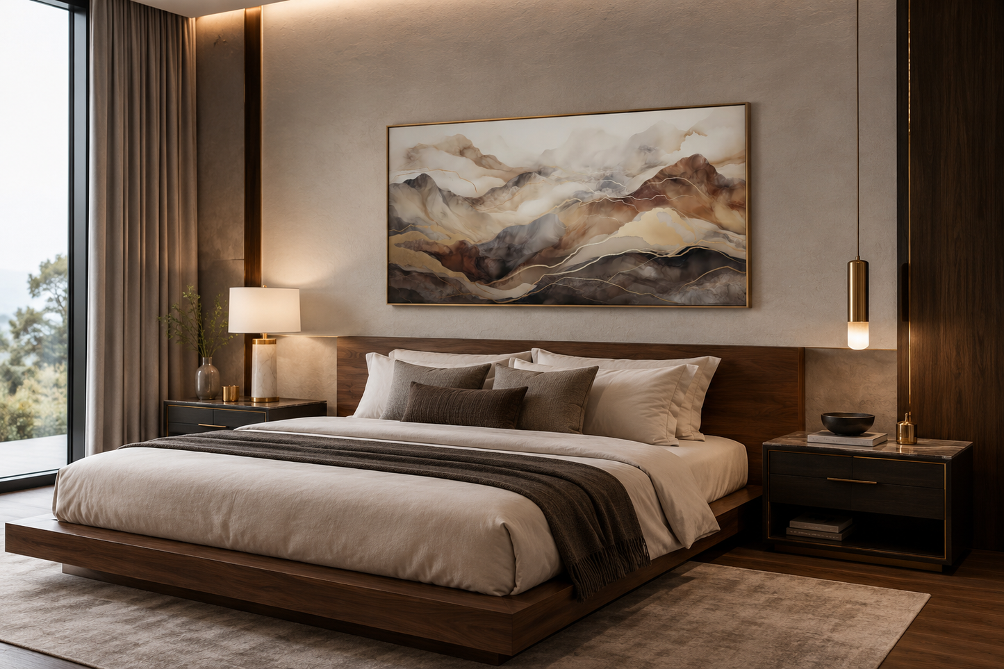 Brown Beige Abstract Marble Mountain Framed Canvas Wall Art