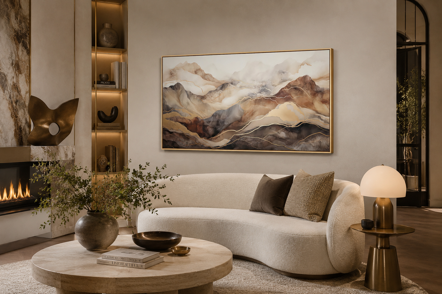 Brown Beige Abstract Marble Mountain Framed Canvas Wall Art