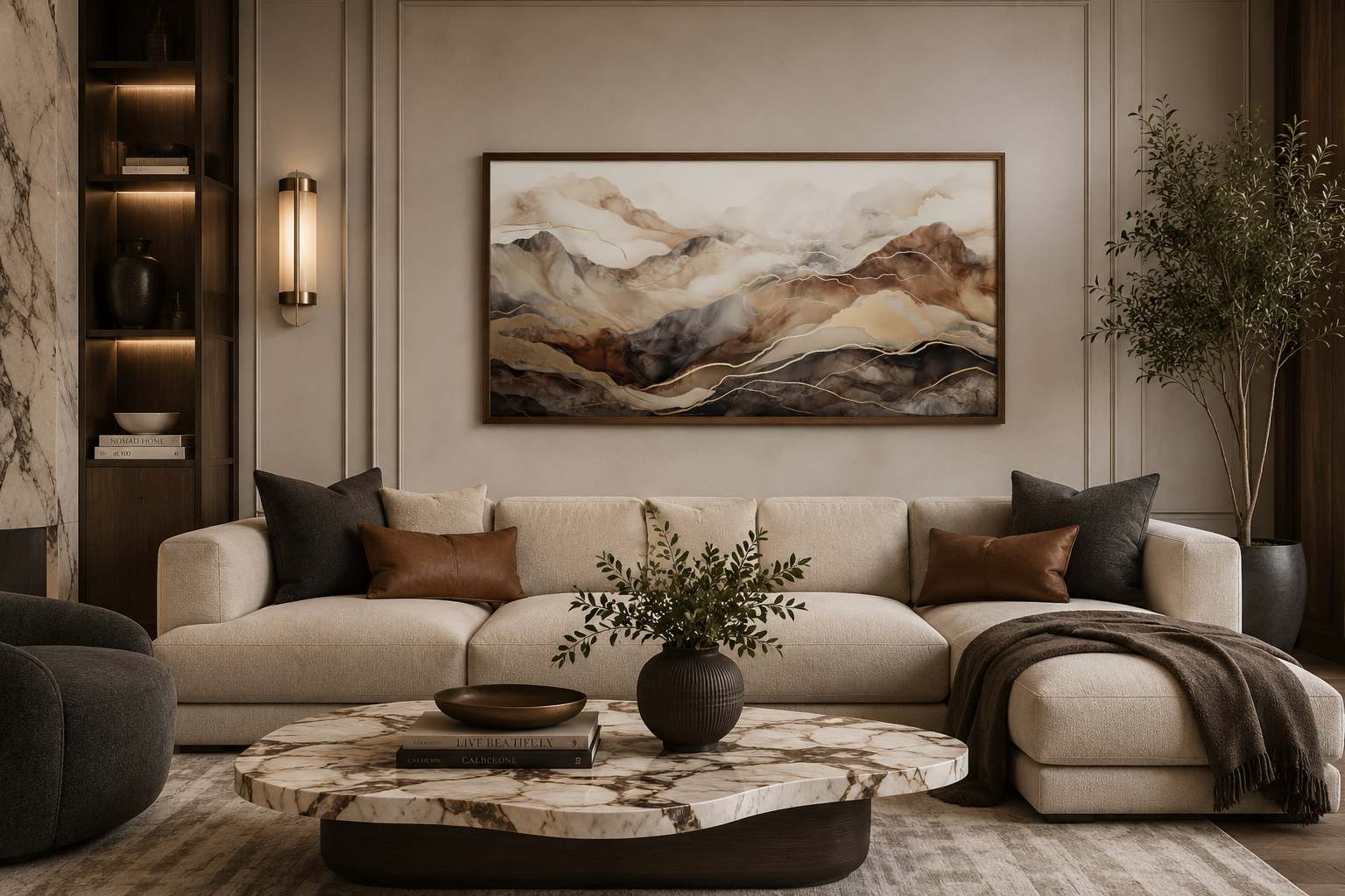 Brown Beige Abstract Marble Mountain Framed Canvas Wall Art