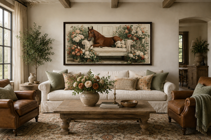 Brown Horse On Couch Floral Canvas Wall Art