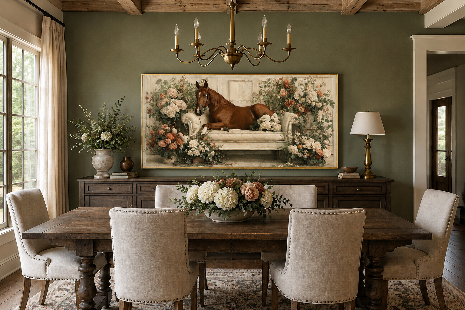 Brown Horse On Couch Floral Canvas Wall Art