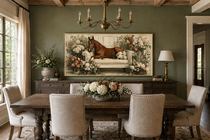 Brown Horse On Couch Floral Canvas Wall Art