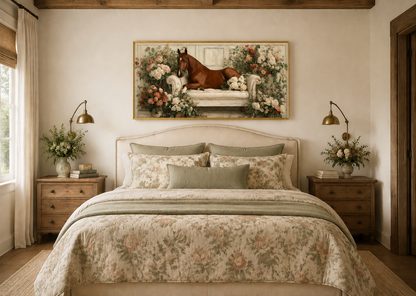 Brown Horse On Couch Floral Canvas Wall Art