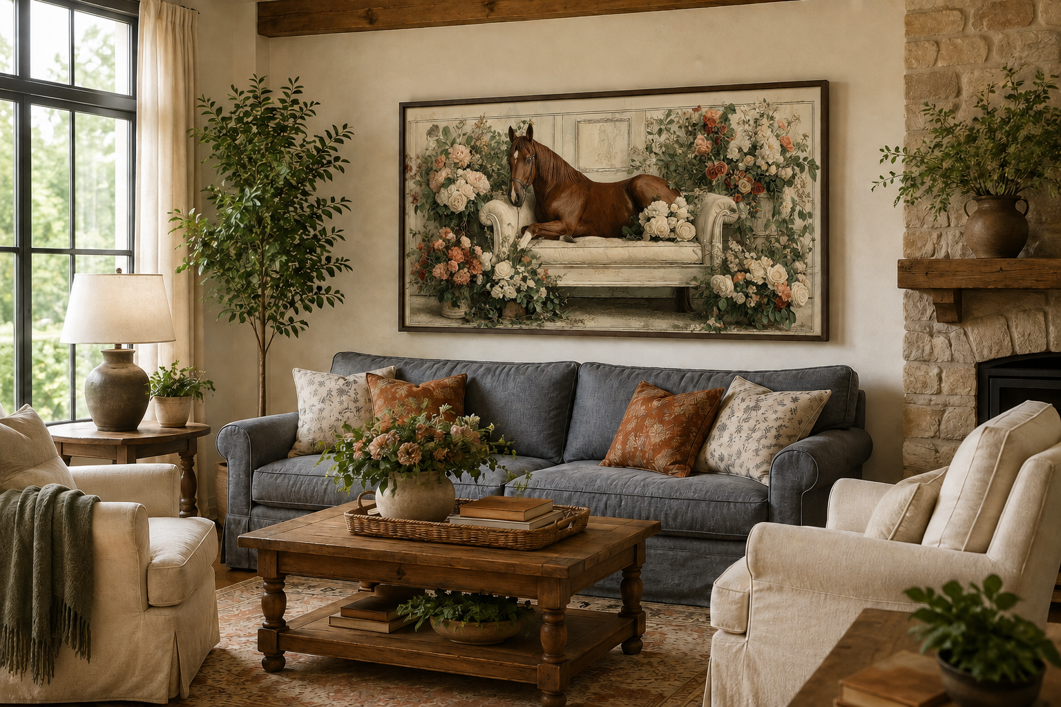 Brown Horse On Couch Floral Canvas Wall Art