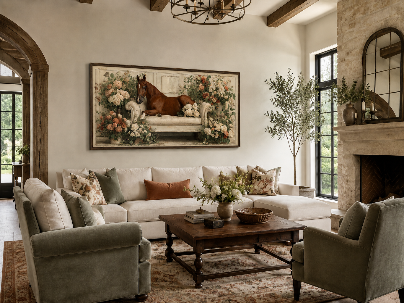 Brown Horse On Couch Floral Canvas Wall Art