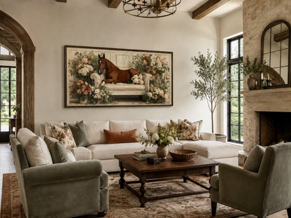 Brown Horse On Couch Floral Canvas Wall Art