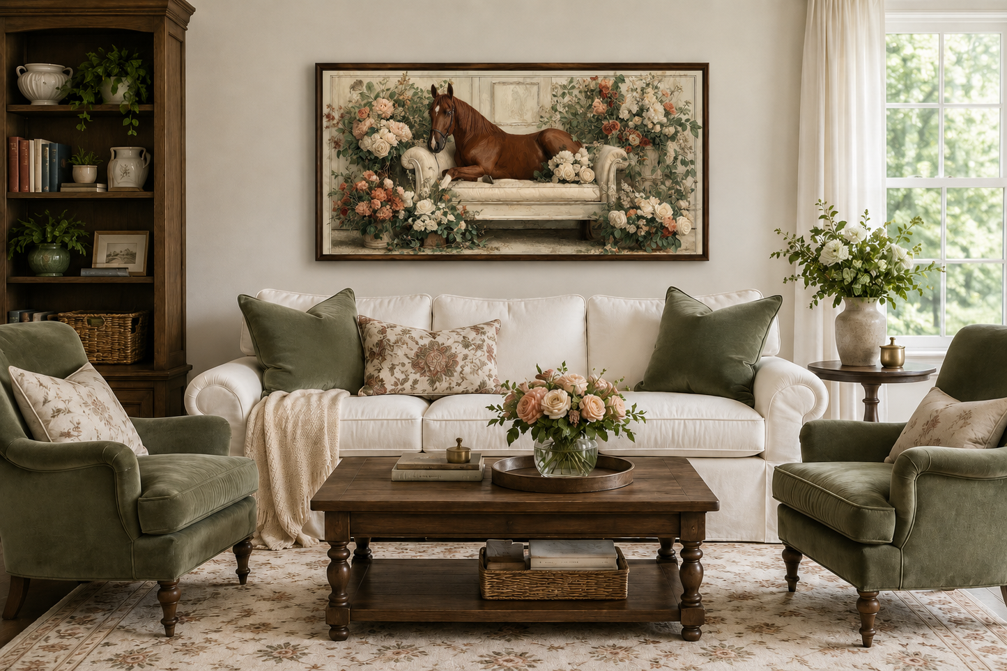 Brown Horse On Couch Floral Canvas Wall Art
