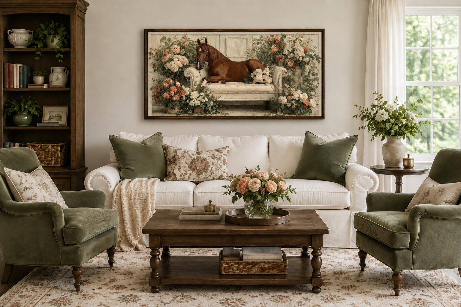 Brown Horse On Couch Floral Canvas Wall Art