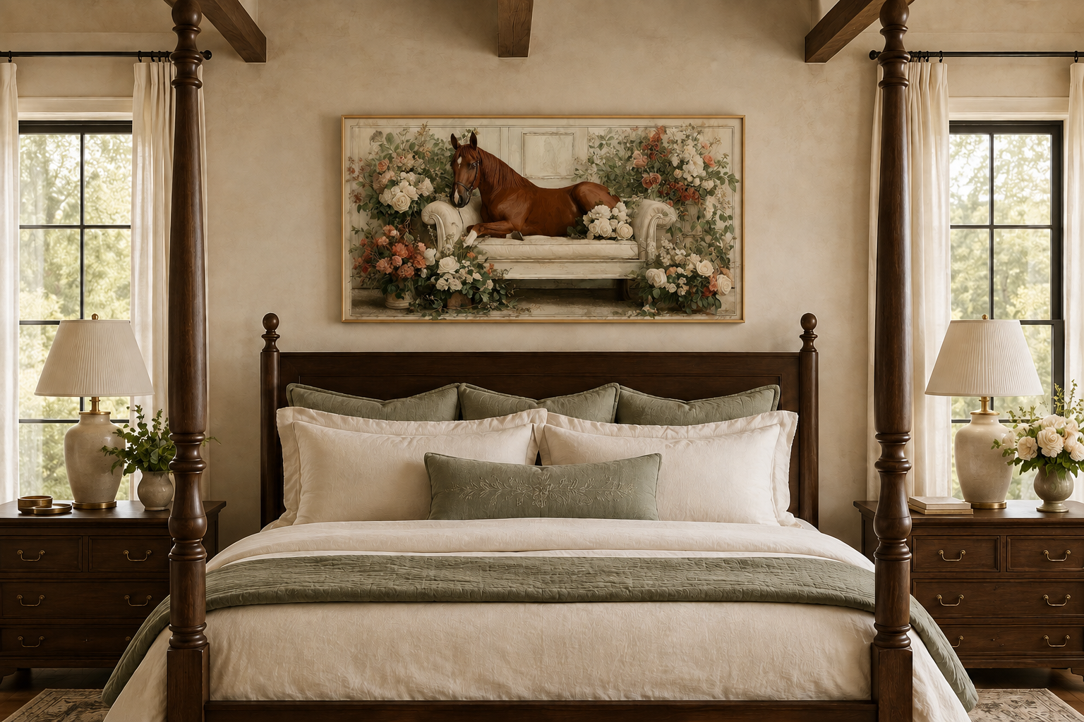 Brown Horse On Couch Floral Canvas Wall Art