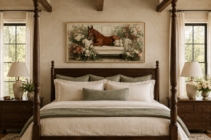 Brown Horse On Couch Floral Canvas Wall Art