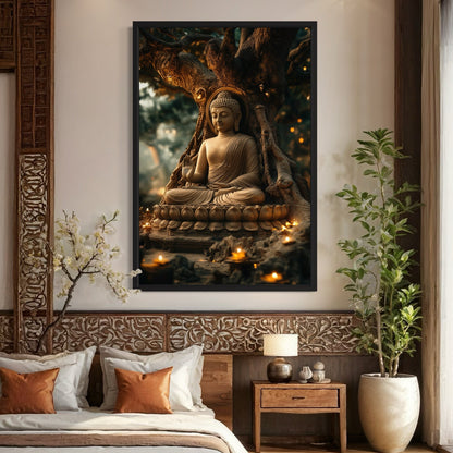Buddha Statue With Candle Lights Zen Framed Canvas Wall Art