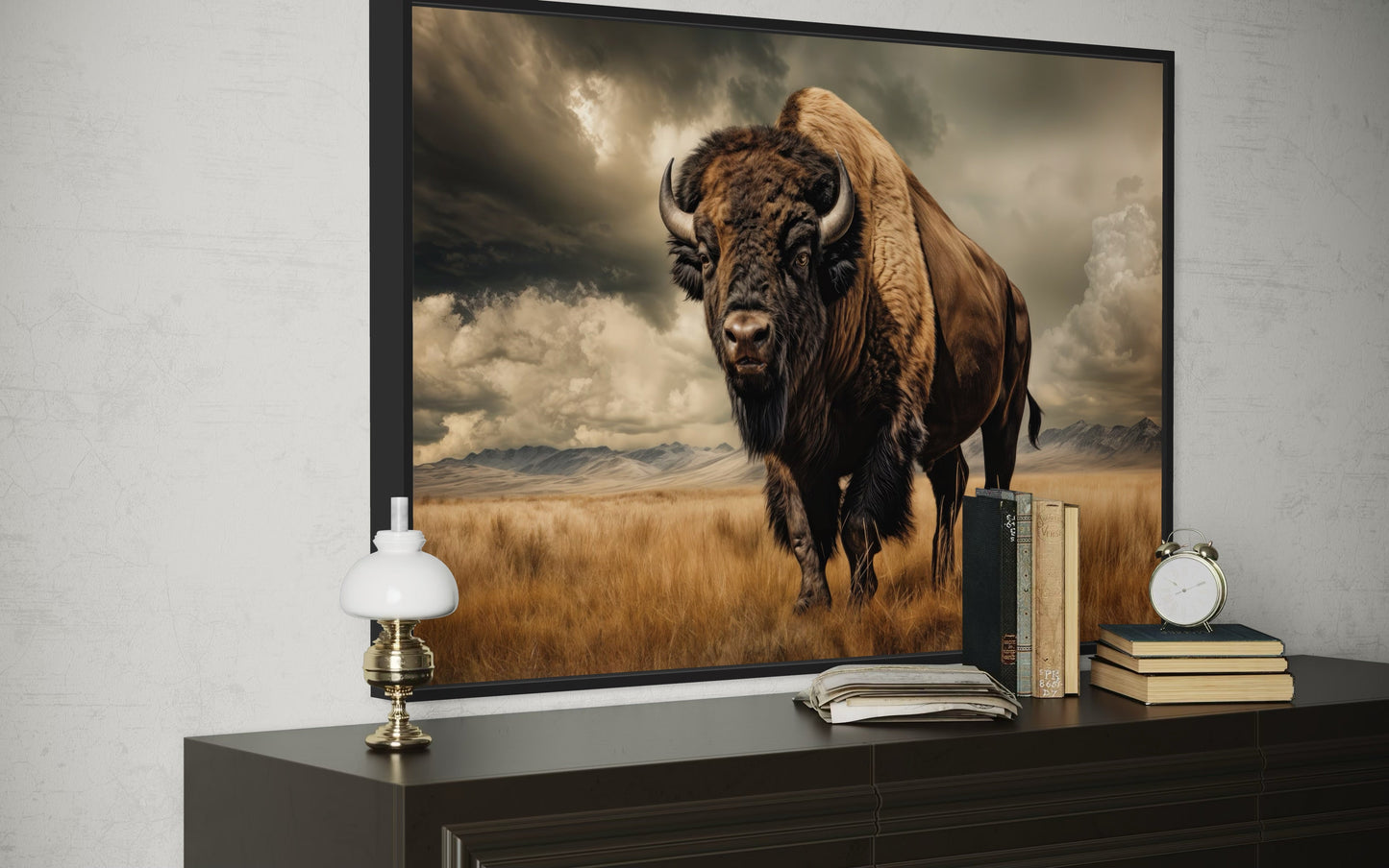 Buffalo In The Wild Framed Canvas Wall Art For Mountain Cabin Decor