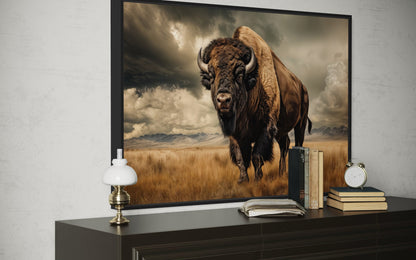 Buffalo In The Wild Framed Canvas Wall Art For Mountain Cabin Decor