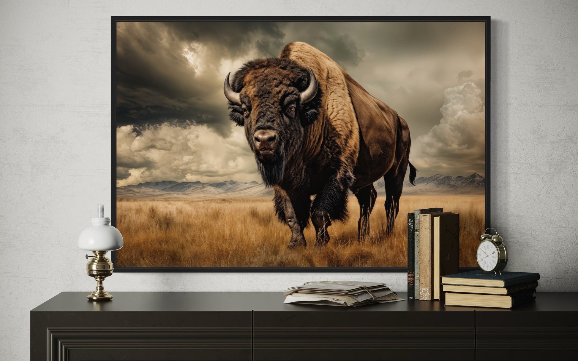Buffalo In The Wild Framed Canvas Wall Art For Mountain Cabin Decor