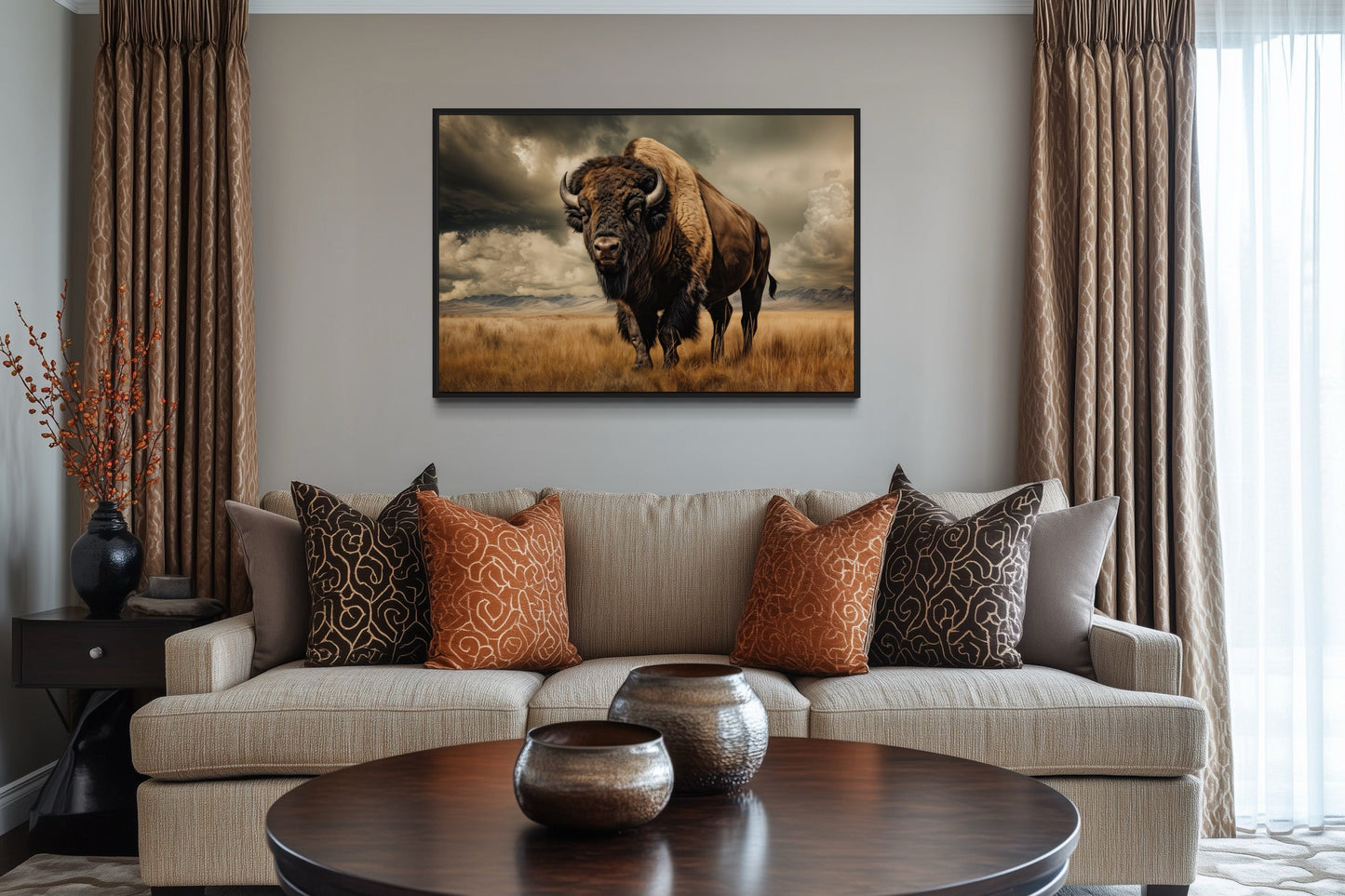 Buffalo In The Wild Framed Canvas Wall Art For Mountain Cabin Decor