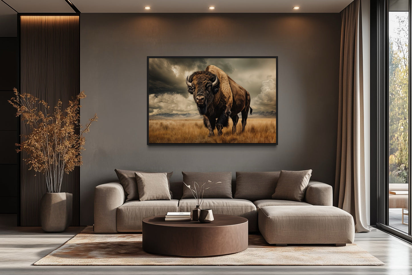 Buffalo In The Wild Framed Canvas Wall Art For Mountain Cabin Decor