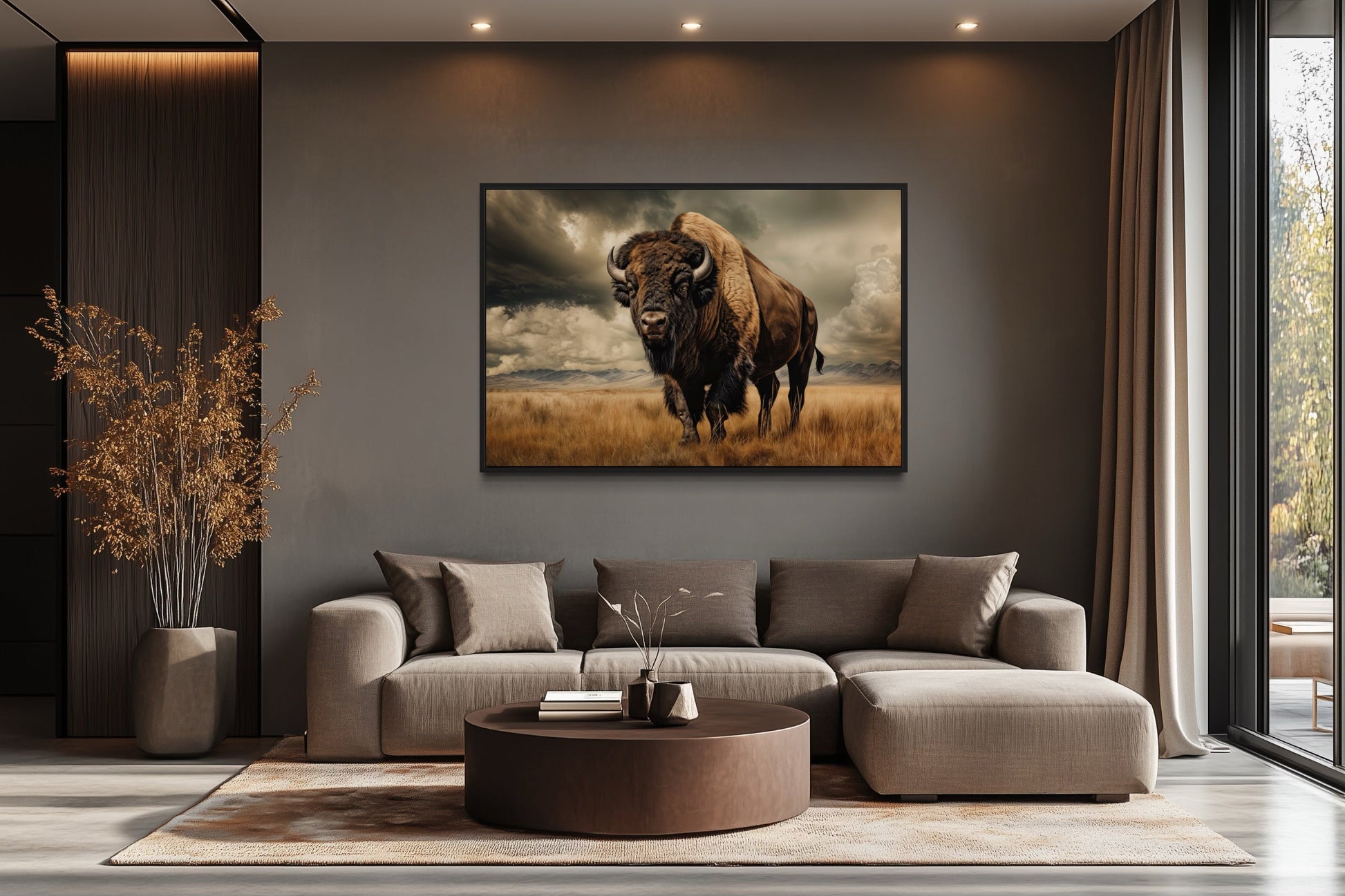 Buffalo In The Wild Framed Canvas Wall Art For Mountain Cabin Decor