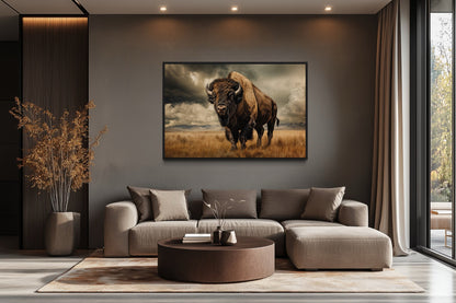 Buffalo In The Wild Framed Canvas Wall Art For Mountain Cabin Decor