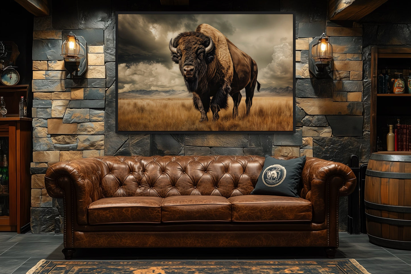 Buffalo In The Wild Framed Canvas Wall Art For Mountain Cabin Decor