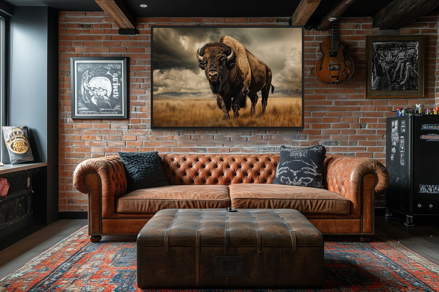 Buffalo In The Wild Framed Canvas Wall Art For Mountain Cabin Decor