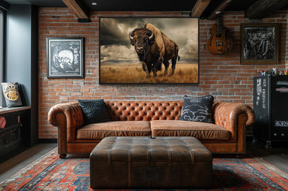 Buffalo In The Wild Framed Canvas Wall Art For Mountain Cabin Decor