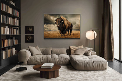 Buffalo In The Wild Framed Canvas Wall Art For Mountain Cabin Decor